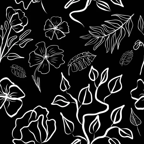 Patrón Sin Costuras Mano Blanco Negro Dibujar Hojas Tropicales Palmeras — Vector de stock