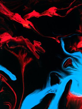 Soyut resim, mavi ve kırmızı el boyası arka plan, mermer ve fırça dokusu, tuvalde akrilik boya. Modern sanat. Çağdaş sanat.