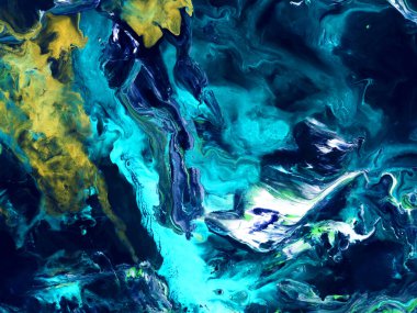 Neon mavisi ve sarı soyut el boyası arkaplan, mermer dokular, soyut okyanus, tuval üzerinde akrilik boya. Modern sanat. Çağdaş sanat.