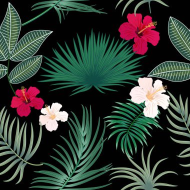 Palmiye yaprakları ve çiçekli tropikal vektör deseni. Botanik ışığı arka planı, orman duvar kağıdı.