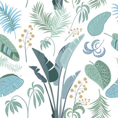 Palmiye yaprakları ve çiçekli tropikal vektör deseni. Botanik ışığı arka planı, orman duvar kağıdı.