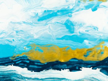 Soyut resim, mavi, altın rengi el boyası arka plan, mermer ve fırça dokusu, akrilik boya. Modern sanat. Çağdaş sanat.