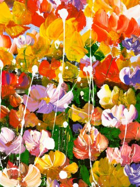 Soyut renkli çiçekler, sanat resimleri, yaratıcı el boyası arka plan, fırça dokusu, tuvaldeki akrilik boya. Modern sanat. Çağdaş sanat.