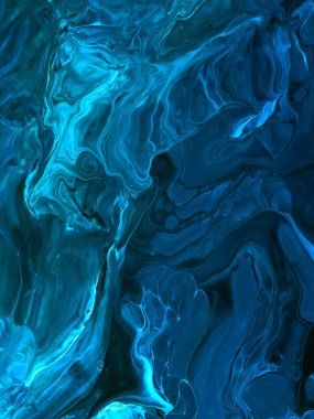 Neon mavisi, soyut el resmi, mermer dokular, soyut okyanus, tuval üzerinde akrilik boya. Modern sanat. Çağdaş sanat.