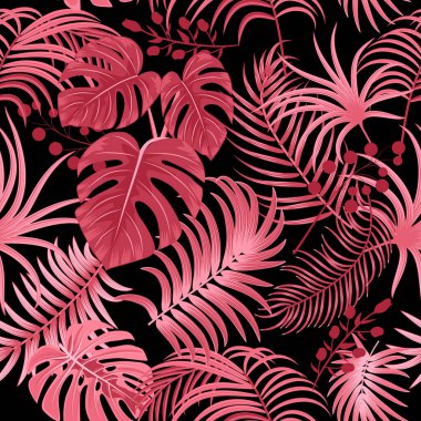 Palmiye yaprakları ve çiçekli tropikal vektör deseni. Çiçek arkaplan, orman duvar kağıdı.