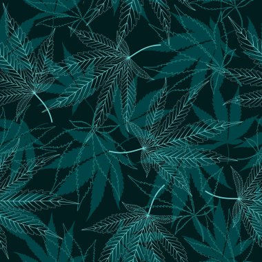 Tıbbi marihuana yapraklı kusursuz vektör deseni, siyah arkaplanda çizgiler. 