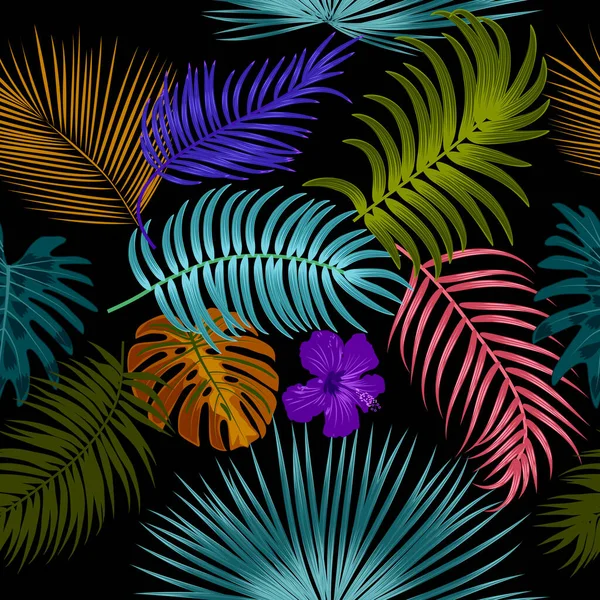 Bezešvé Vzory Mnohobarevnými Tropickými Listy Palem Vektorové Pozadí Džungle — Stockový vektor