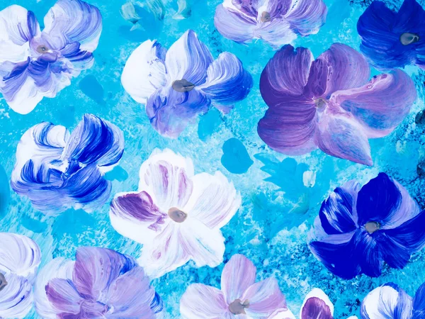 Flores Azules Abstractas Pintura Acrílica Sobre Lienzo Fondo Pintado Mano — Foto de Stock
