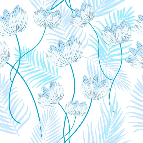 Απρόσκοπτη Μοτίβο Μπλε Φύλλων Ζούγκλας Φοίνικα Και Λουλουδιών Τροπικό Διάνυσμα — Διανυσματικό Αρχείο