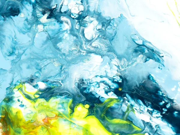 青と黄色の創造的な抽象的な手の背景 流体芸術 大理石のテクスチャ 抽象的な海 キャンバス上のアクリル絵具を描いた 現代美術 現代美術 — ストック写真