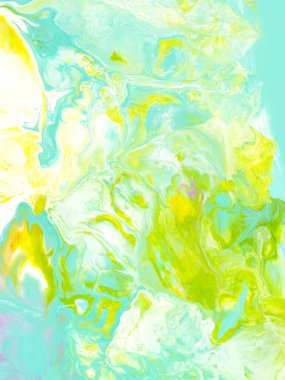 Yeşil ve sarı soyut yaratıcı el boyası arka plan, akışkan sanat, mermer doku, soyut okyanus, tuval üzerinde akrilik resim. Modern sanat. Çağdaş sanat.