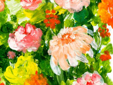 Soyut parlak çiçekler, orijinal el çizimi, izlenimcilik stili, renk dokusu, fırça darbeleri, sanat arka planı. Modern sanat. Çağdaş sanat.