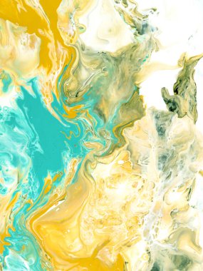 Turkuaz ve sarı soyut yaratıcı el boyası arka plan, sıvı sanat, mermer doku, soyut okyanus, tuvaldeki akrilik resim. Modern sanat. Çağdaş sanat.