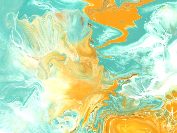 蓝绿色和黄色的抽象创意手绘背景 流畅的艺术 大理石质感 抽象的海洋 画布上的丙烯酸绘画 现代艺术 当代艺术 — 图库照片
