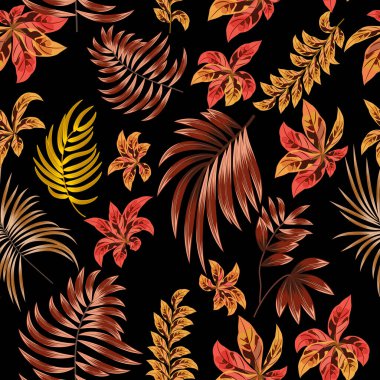 Parlak çiçekli kusursuz desenler ve koyu arkaplanda tropik palmiye yaprakları. Botanik vektör arkaplanı, orman duvar kağıdı.