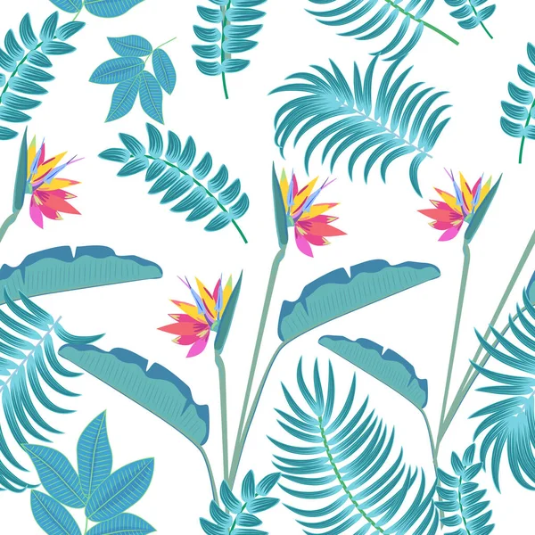 Patrón Tropical Vectorial Sin Costuras Con Hojas Palmera Flores Fondo — Vector de stock