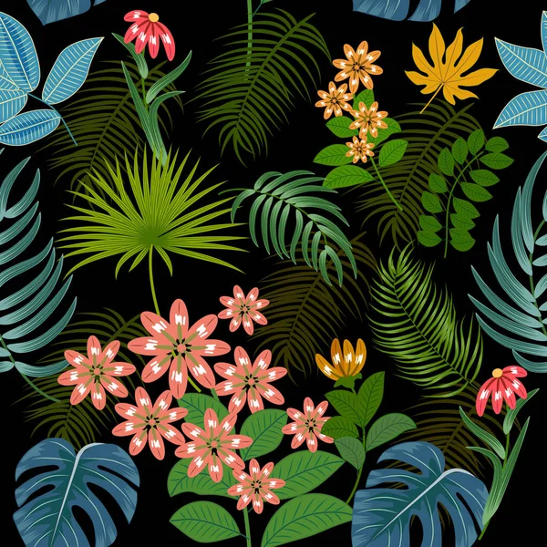 Безшовний Візерунок Яскравими Квітами Тропічним Листям Пальми Темному Тлі Ботаніка — стоковий вектор