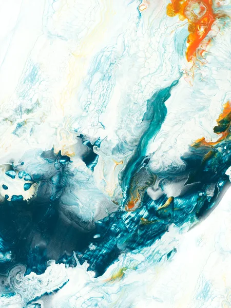 Fotokopi alanı, akışkan sanat, mermer doku, akrilik resim ve tuval üzerine çizilmiş mavi ve turuncu renkli özgün bir arka plan. Modern sanat. Çağdaş sanat.