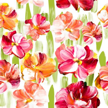 Kırmızı ve turuncu soyut çiçekler, orijinal el çizimi, izlenimcilik stili, renk dokusu, fırça darbeleri, sanat arka planı. Modern sanat.