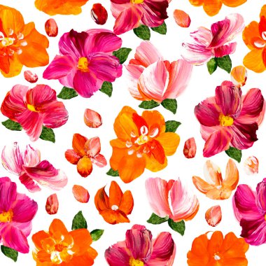 Soyut kırmızı ve pembe çiçeklerin kusursuz deseni, orijinal el çizimi, izlenimcilik stili, renk dokusu, fırça darbeleri, sanat arkaplanı. Modern sanat.