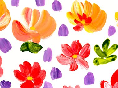 Soyut kırmızı ve sarı çiçekler, orijinal el çizimi, izlenimcilik stili, renk dokusu, fırça darbeleri, sanat arka planı. Modern sanat.