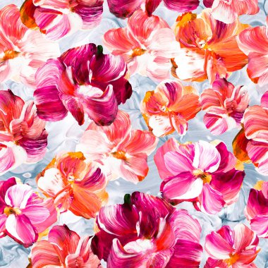 Kusursuz pembe çiçek deseni, orijinal el çizimi, izlenimcilik tarzı, renk dokusu, fırça darbeleri, akrilik, sanat arkaplan. Modern sanat.