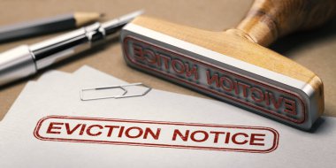 3D illustration of a rubber stamp with the text eviction notice printed on a document. clipart