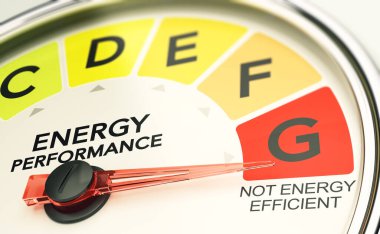 Bir enerji performans göstergesinin 3 boyutlu çizimi. Yetersiz ya da kötü yapı yalıtımı kavramı.