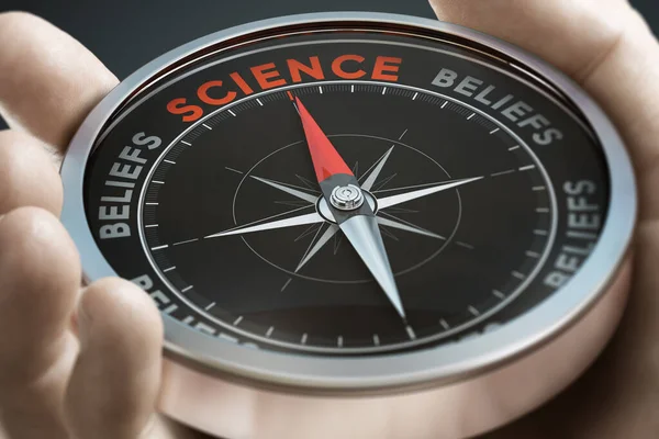 Hand Holding Compass Needle Pointing Word Scientific Instead Beliefs Composite — Stock Photo, Image