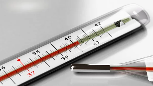 Fieber, Thermometer vor grauem Hintergrund — Stockfoto