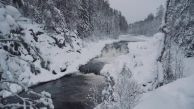 Kivach - Rusya, Karelia 'da şelale. Kış ve karlı orman, Ocak.