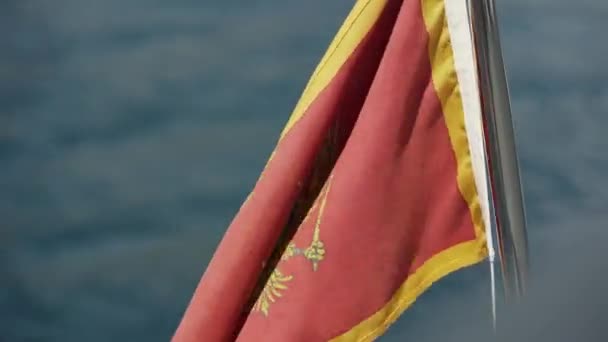 Montenegro flagga utvecklas i vinden mot bakgrund av havet — Stockvideo