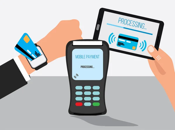 Mobilní platby s chytré hodinky a smartphone, komunikační technologie — Stockový vektor