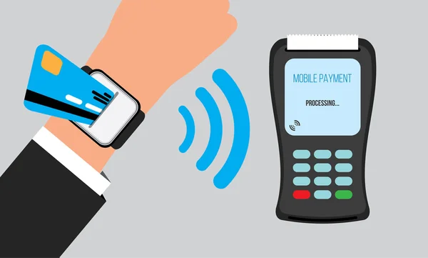 Κινητές πληρωμές με έξυπνο ρολόι, επικοινωνιακού concept της τεχνολογίας — Διανυσματικό Αρχείο