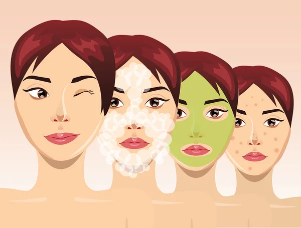 Beautiful woman face in process of acne treatment, vector — Stock Vector