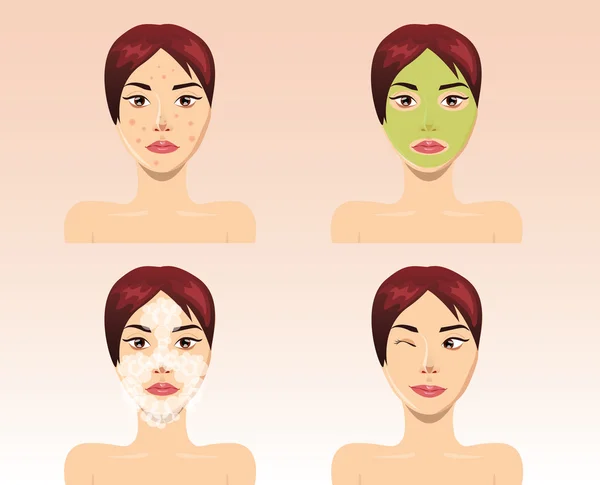 Beautiful woman face in process of acne treatment, vector — Stock Vector