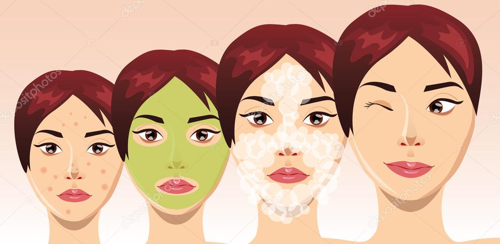 Beautiful woman face in process of acne treatment, vector