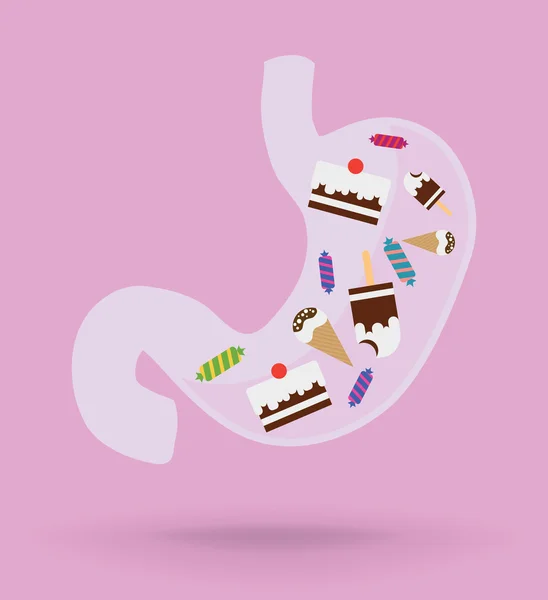 Icône vecteur d'estomac avec des bonbons, concept de nutrition et d'aliments malsains — Image vectorielle