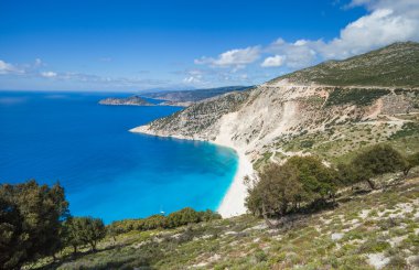 Myrtos defne ve pastoral plaj adada Kefalonia, Yunanistan