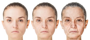 Süreci yaşlanma, yaşlı ve genç yüzleri üzerinde izole gençleştirme anti-aging cilt yordamlar arka plan beyaz