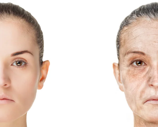 Proceso de envejecimiento, rejuvenecimiento anti-envejecimiento procedimientos de la piel viejo y joven concepto —  Fotos de Stock