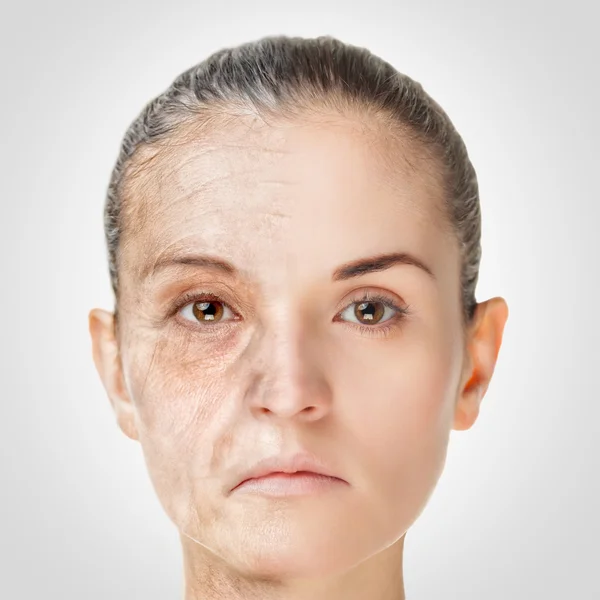 Proceso de envejecimiento, rejuvenecimiento anti-envejecimiento procedimientos de la piel viejo y joven concepto —  Fotos de Stock