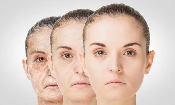 Aging process, rejuvenation anti-aging skin procedures old and young concept — Stock Photo, Image