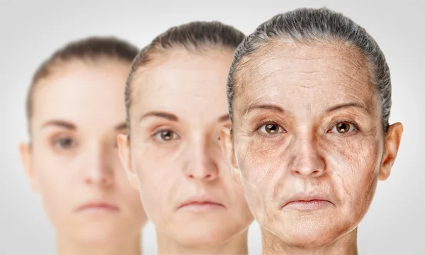 Starzenia się proces, anty-starzenia się skóry Odmładzanie procedur stary i młody koncepcja — Zdjęcie stockowe