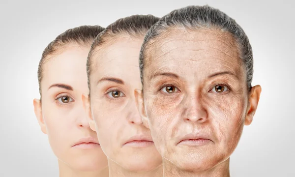 Aging process, rejuvenation anti-aging skin procedures old and young concept — Stock Photo, Image