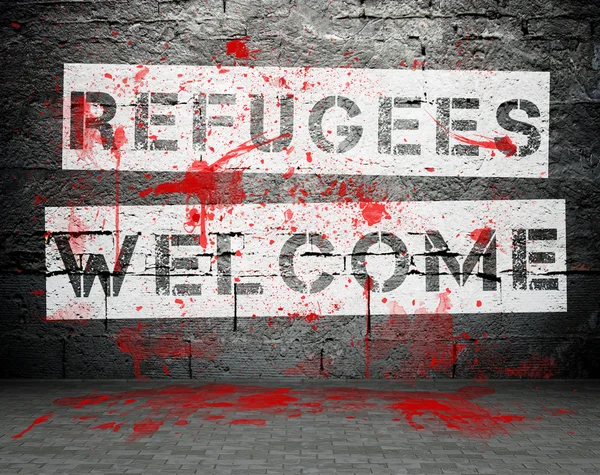 Refugees Welcome graffiti wall with blood, concept of terrorism in Europe — Stock Photo, Image