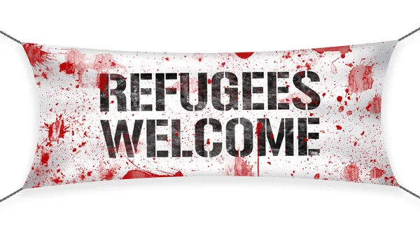 Refugees Welcome banner with blood, concept of terrorism in Europe — Stock Photo, Image