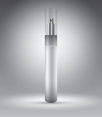 Parfüm şişesi, reklam için gri vektör çizim şablonu