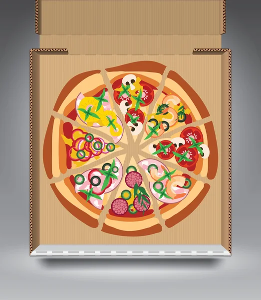 Box mit Pizza auf grauer Vektor-Illustrationsvorlage für Werbung — Stockvektor