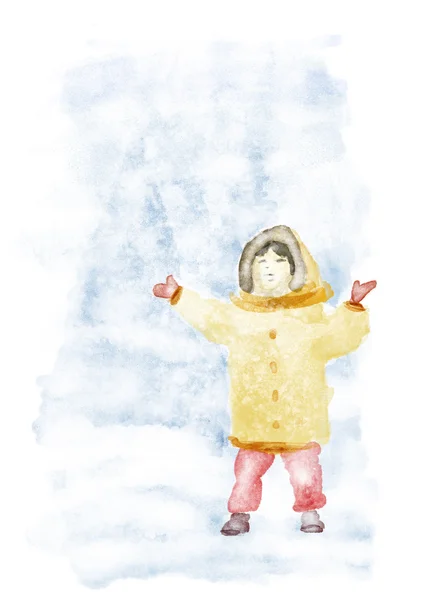 Meisje speelt met sneeuw aquarel winter illustratie — Stockfoto